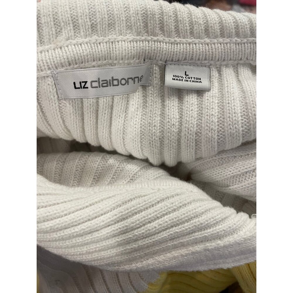 Liz Claiborne Womens White Yellow Navy Cotton Ribbed Knit Sweater Large Pullover - Picture 3 of 6